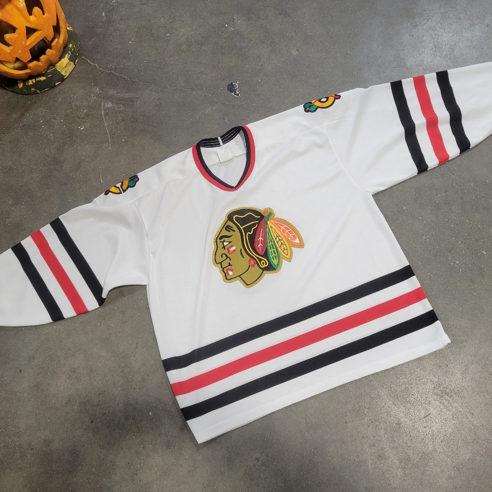 Vintage CCM Maska NHL Chicago Blackhawks White Hockey Sewn Jersey Mens XL Canada
